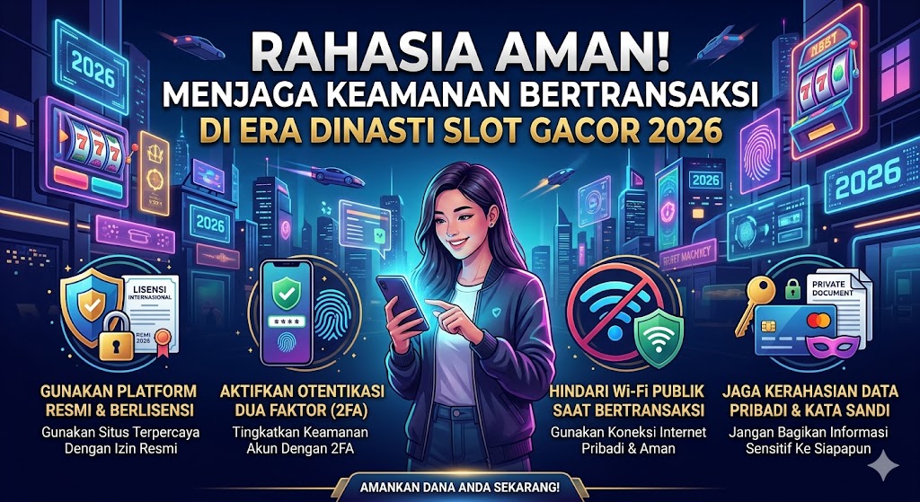 Sebuah infografis modern dan futuristik berjudul "RAHASIA AMAN! MENJAGA KEAMANAN BERTRANSAKSI DI ERA DINASTI SLOT GACOR 2026" dalam Bahasa Indonesia di bagian atas. Gambar menampilkan pemandangan kota futuristik malam tahun 2026 yang diterangi neon digital dan antarmuka futuristik, dengan samar-samar elemen digital yang mengacu pada "Dinasti Slot" dan simbol perjudian. Di tengah, seorang pengguna modern sedang menggunakan smartphone untuk bertransaksi. Gambar dibagi menjadi empat bagian dengan ikon dan teks tips keamanan: 1. "GUNAKAN PLATFORM RESMI & BERLISENSI" (perisai, gembok, sertifikat lisensi); 2. "AKTIFKAN OTENTIKASI DUA FAKTOR (2FA)" (smartphone, kode verifikasi, sidik jari); 3. "HINDARI Wi-Fi PUBLIK SAAT BERTRANSAKSI" (Wi-Fi coret, kunci aman); dan 4. "JAGA KERAHASIAN DATA PRIBADI & KATA SANDI" (kunci, kartu kredit, dokumen). Warna-warnanya cerah, modern, dan didominasi biru, ungu, dan emas. Spanduk kecil di bagian bawah bertuliskan "AMANKAN DANA ANDA SEKARANG!".