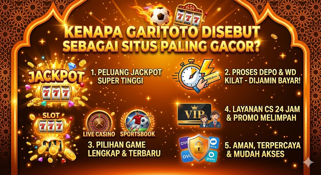 Infografis promosi Garitoto yang menjelaskan 5 alasan kenapa disebut sebagai situs paling Gacor: Jackpot Super Tinggi, Proses Depo & WD Kilat, Pilihan Game Lengkap & Terbaru (Slot, Live Casino, Sportsbook), Layanan CS 24 Jam & Promo Melimpah, serta Aman, Terpercaya & Mudah Akses.